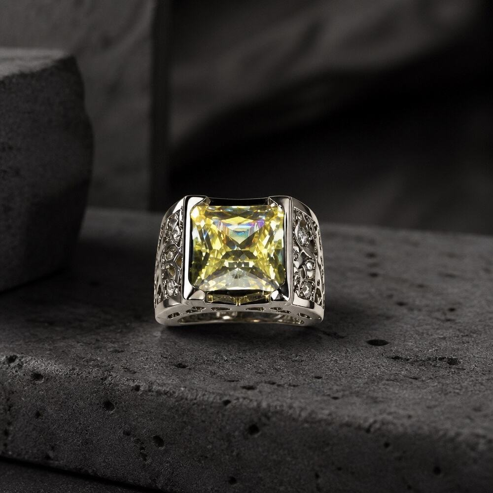 Cushion Cut Yellow Crystal Signet Ring | Silver Filigree Statement Band